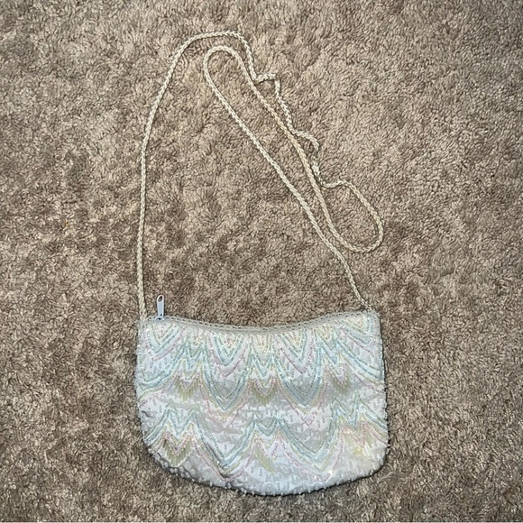 Vintage Mini Beaded Bag Cream with Pastel Beads Satin Lined 8”x5” - Picture 4 of 8